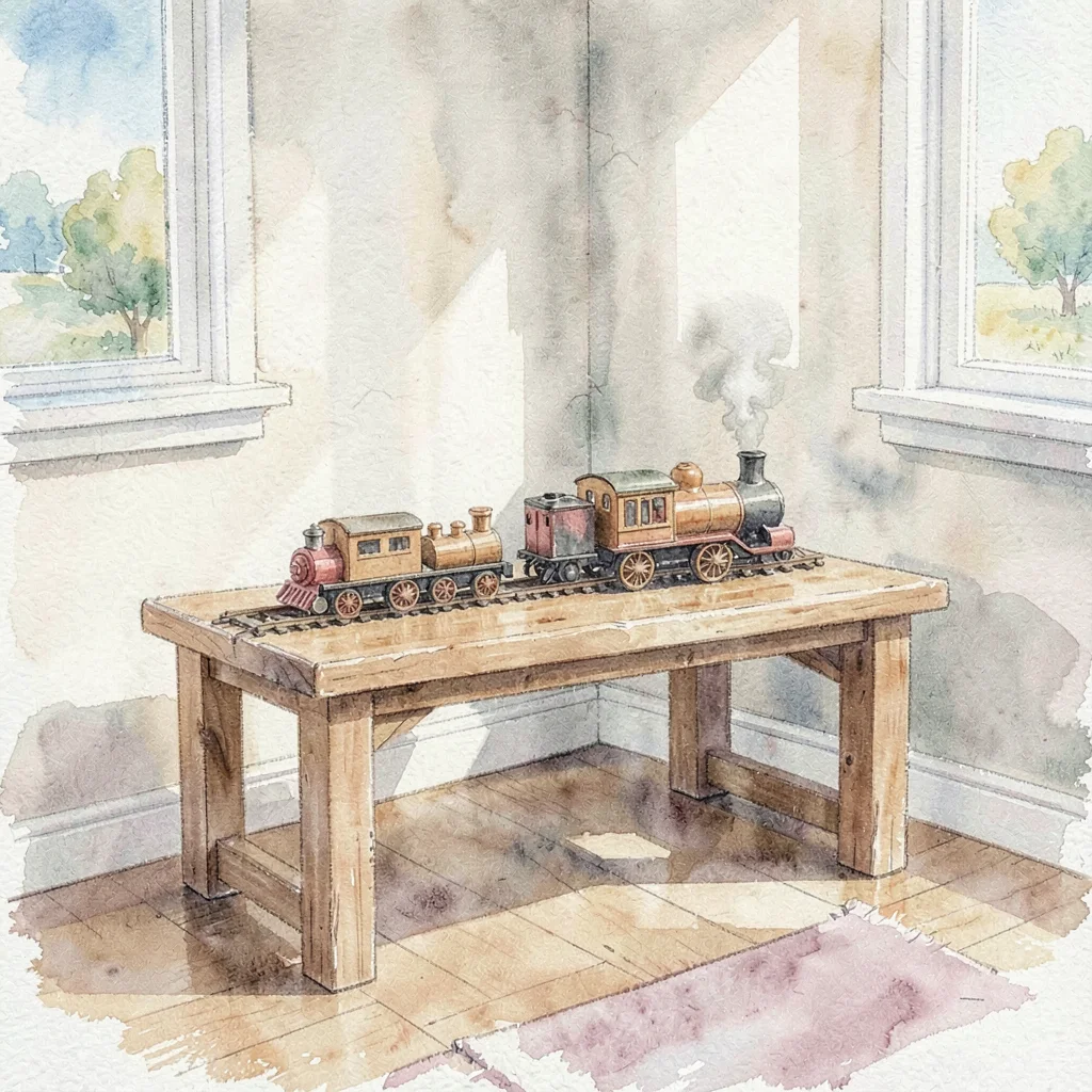 Atmospheric watercolor of a play corner with a wooden train set on a low table, 