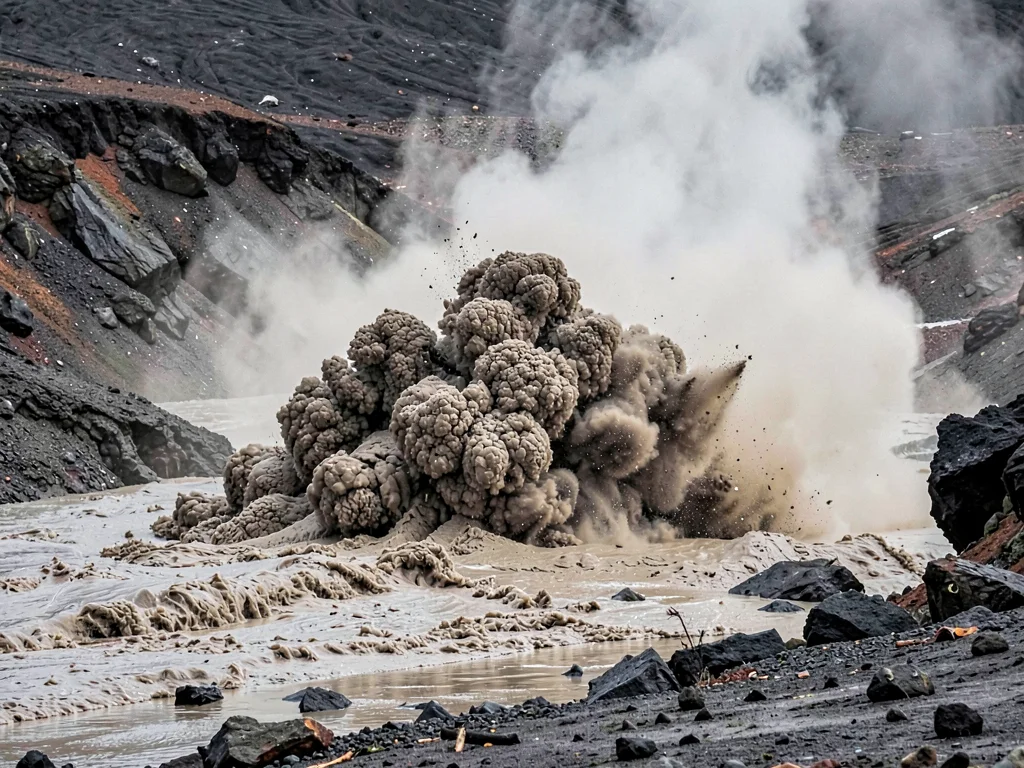 Wet ash creating lahar mud flow