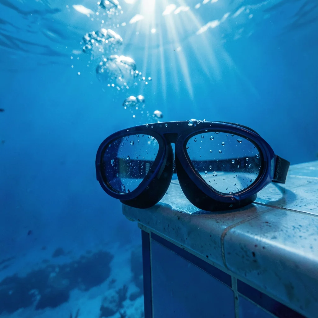 Deep oceanic blue saturation, light filtering through density, Swimming goggles 