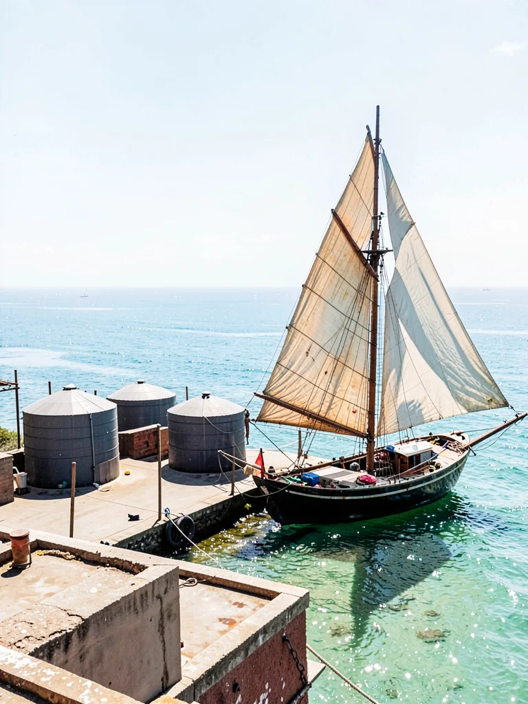 Brilliant Indian Ocean noon light in Dar es Salaam, Rooftop water tanks against 