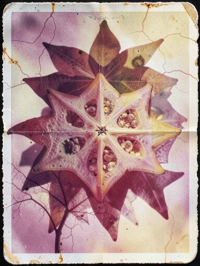 Sliced starfruit showing star pattern, tropical specimen on British expired phot