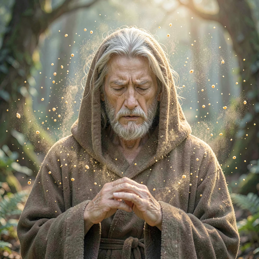 A robed sporekeeper wreathed in a slow drift of golden pollen motes, eyes half-c
