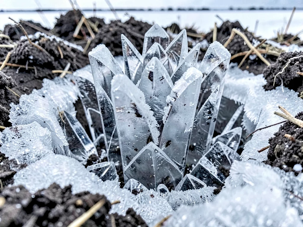Ice lens forming in frozen ground pushing soil upward