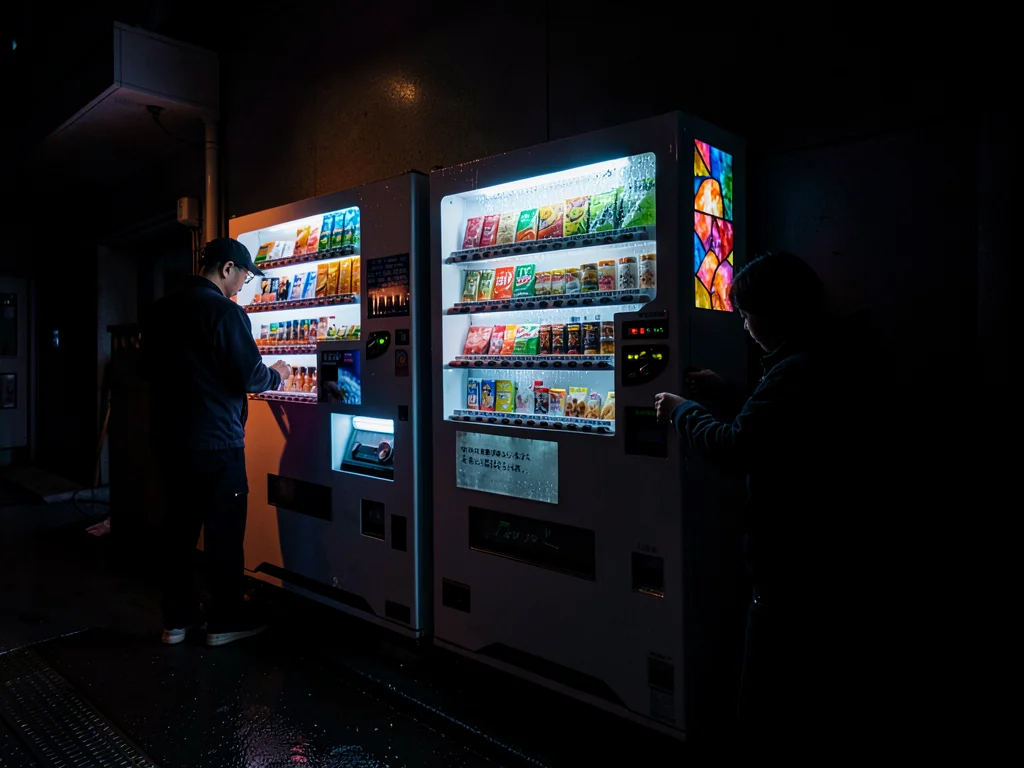 Person refilling vending machine, inside view, the restocking illuminated by pro