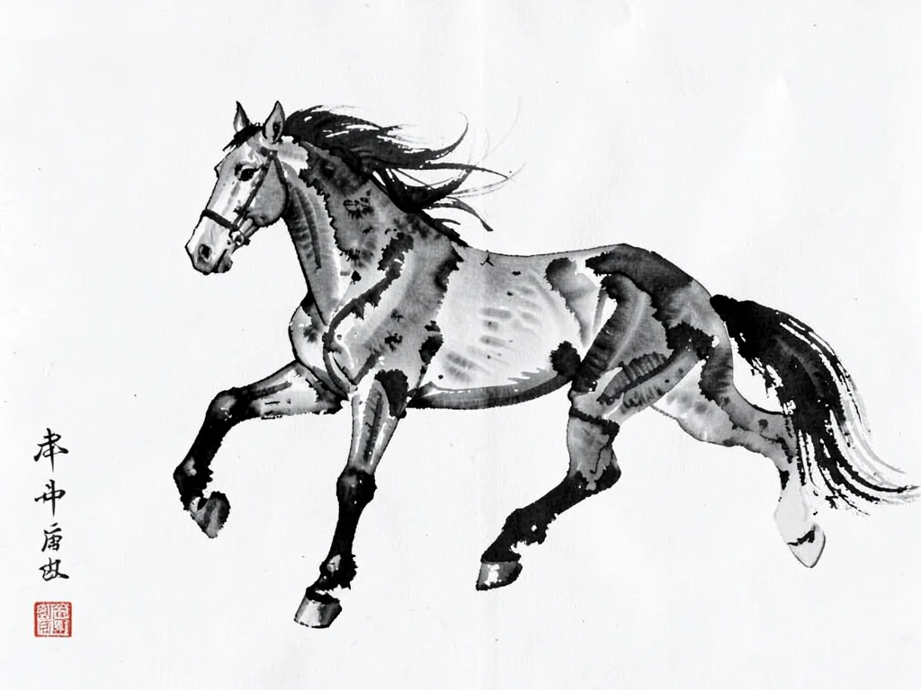 Horse in motion suggested by three broad brushstrokes, white ground