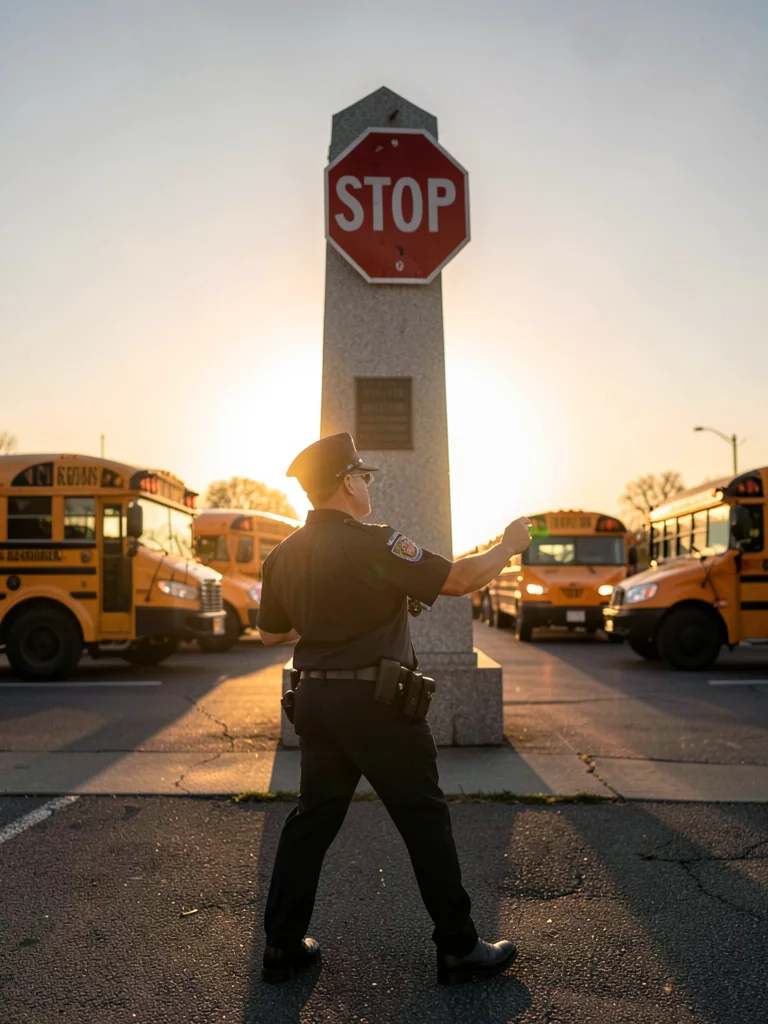Crossing guard holding stop sign, backlit by rising sun, rim light turning them 
