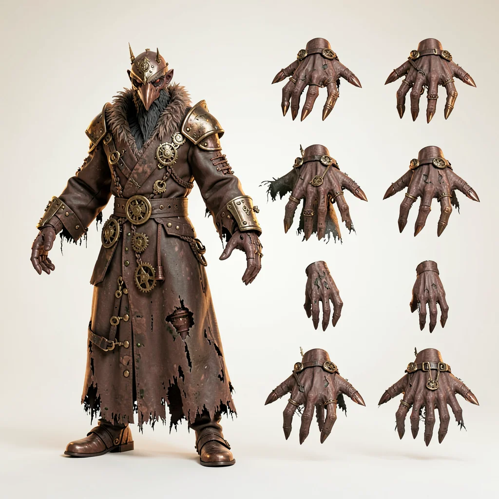Character model sheet of an antagonist crow-mage in tattered robes, hand poses s