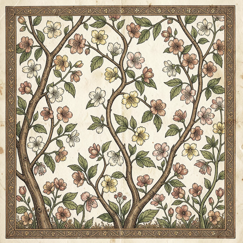 Kalamkari pen illustration, jasmine vines climbing with delicate blossoms , hand