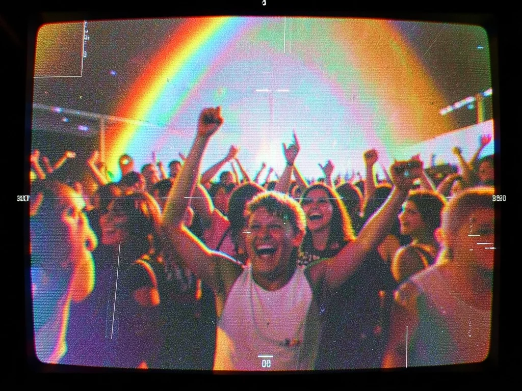 Paused VHS frame of pride celebration, color bleed creating extra rainbows