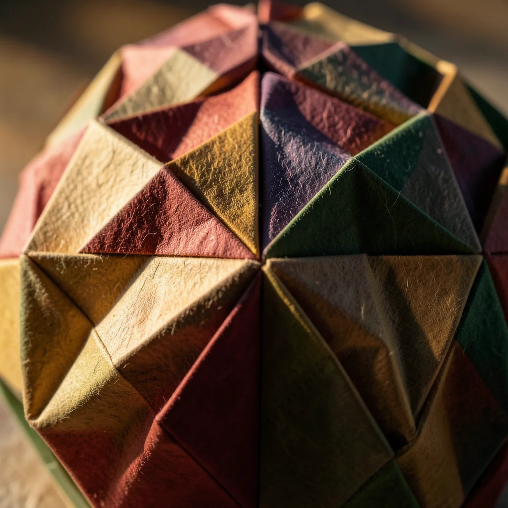 Modular origami ball detail, dozens of identical units interlocking, different c