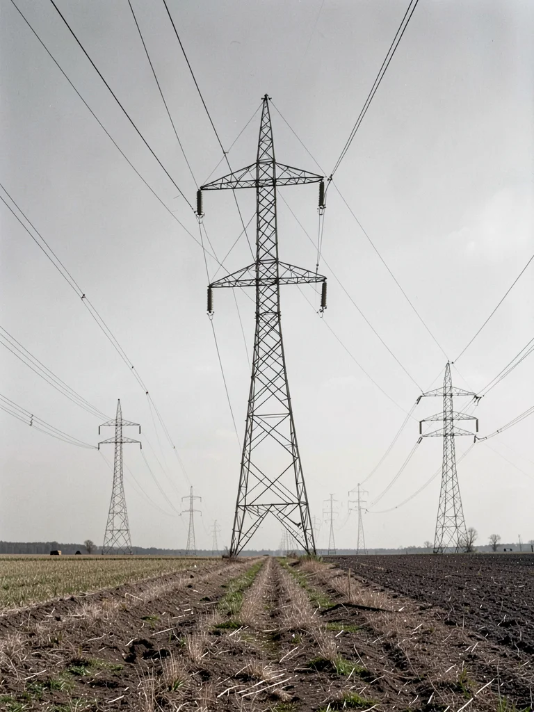 Transmission tower in a flat agricultural field — power lines receding to left a
