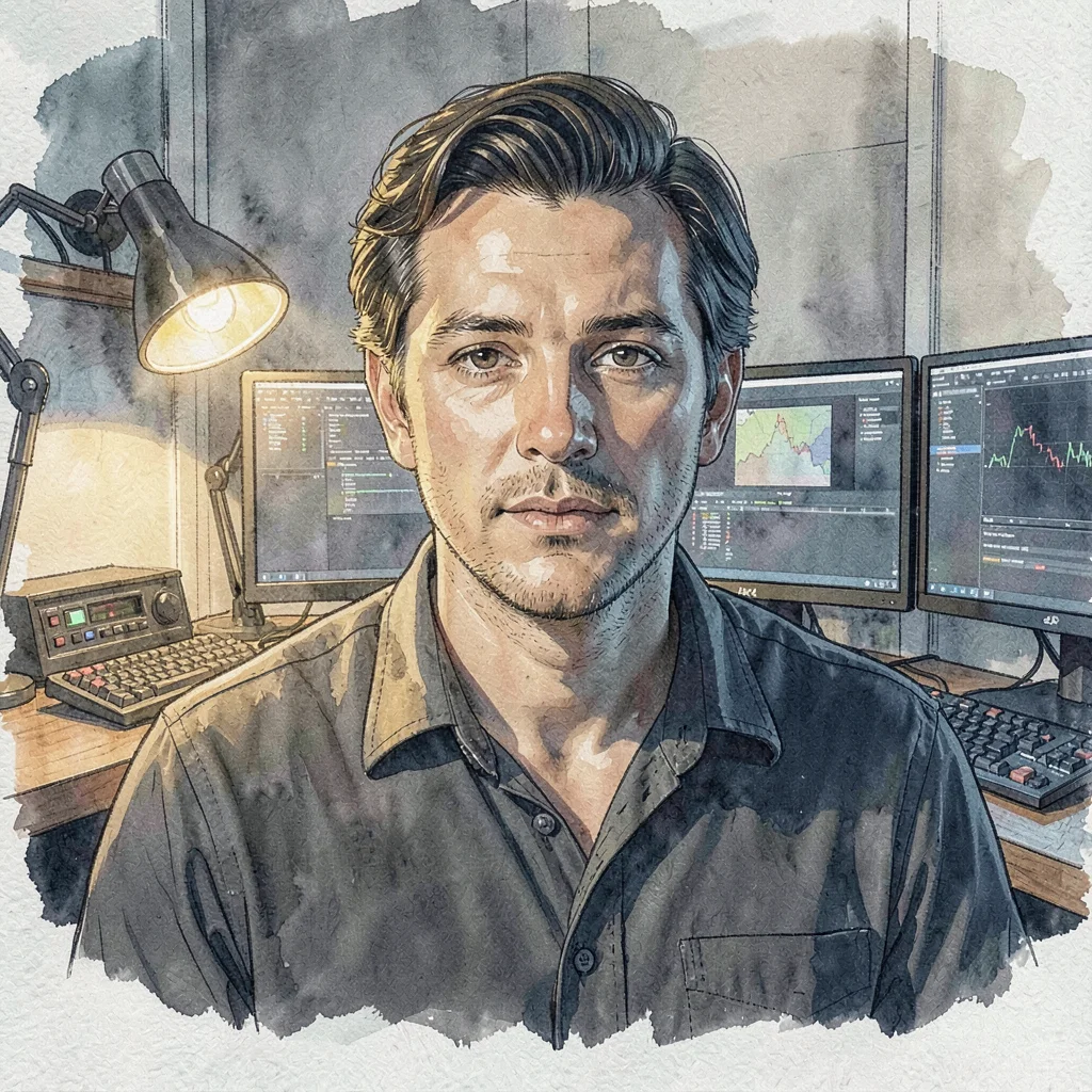 Editing instructor portrait at a multi-monitor edit bay, calibrated panels casti