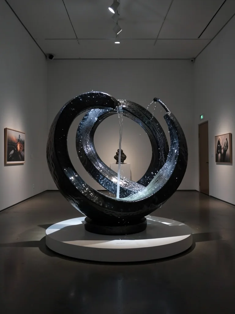 Perpetual motion sculpture in gallery, water flowing in impossible loop, spotlit