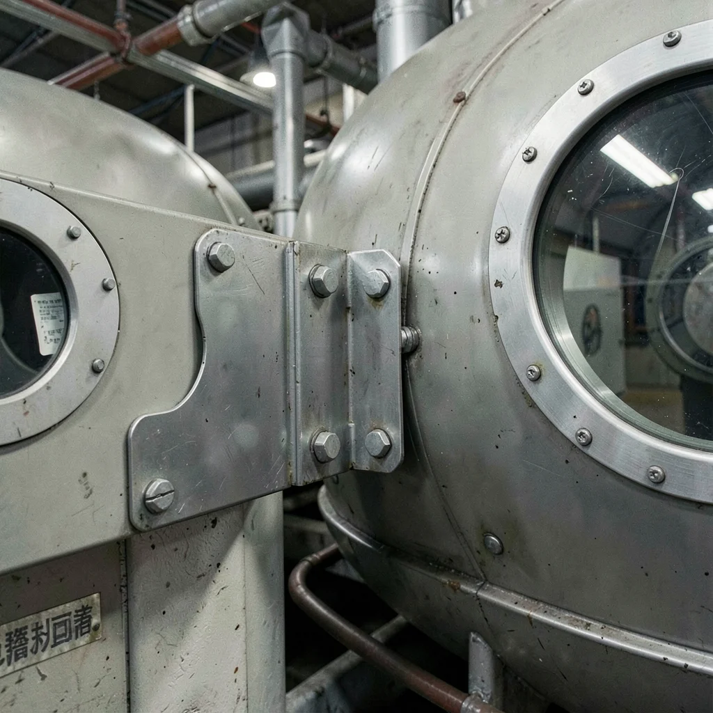 Detail of steel connector bracket — the mechanical joint where capsule meets cor