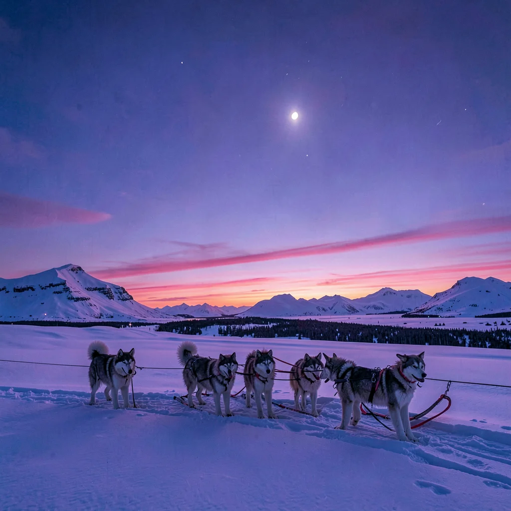 Polar liminal light, extended blue hours, A dog sled team resting under purple a