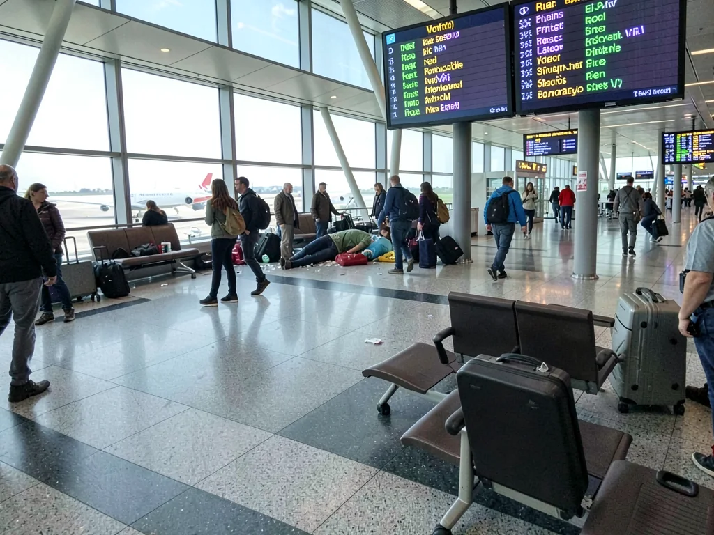 Airport departure board glitching, destinations merging, travelers caught in bre