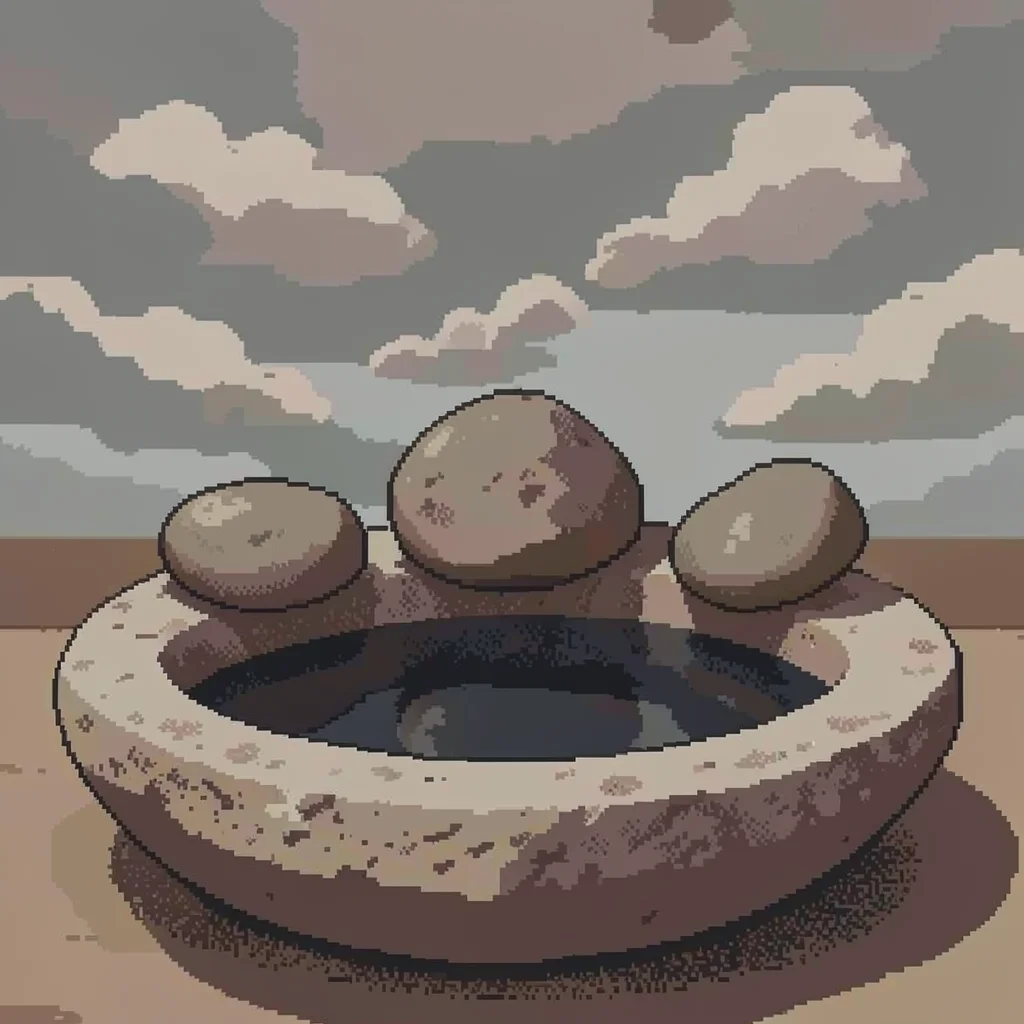 Three pebbles arranged with care on the edge of a stone basin holding still dark