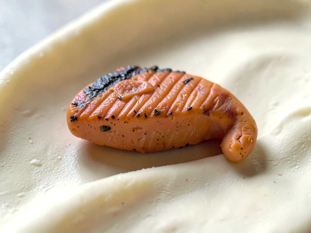 Grilled ochre slice of fish with a slumped tail end and fingernail-pressed scori