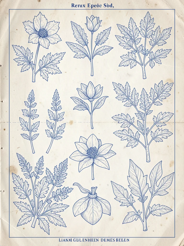Pressed plants blue print