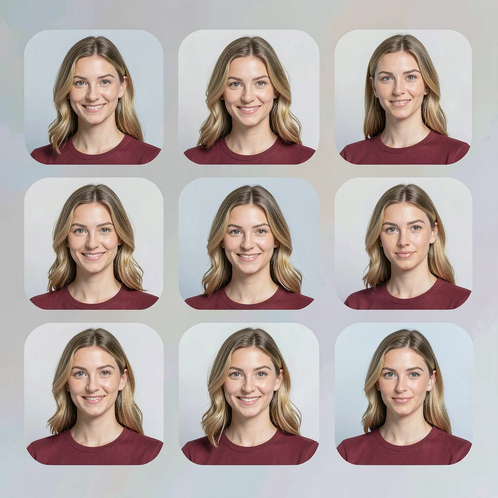 Flat geometric character select grid composition with five rounded portrait tile