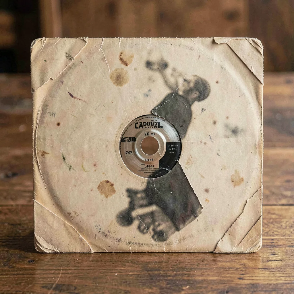Worn-material study of an old jazz LP sleeve with split corners and ring-wear gh