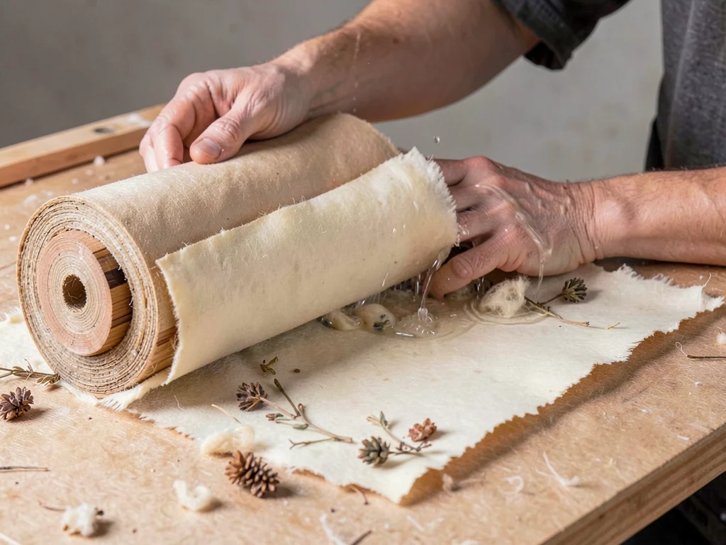 A couching roll pressing a fresh sheet, water squeezing from the felt