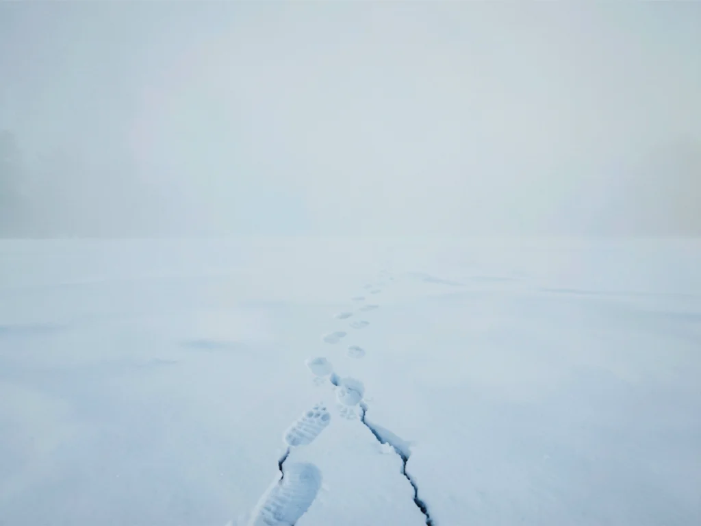 Snowfield broken by a single line of footprints leading into the void, the print