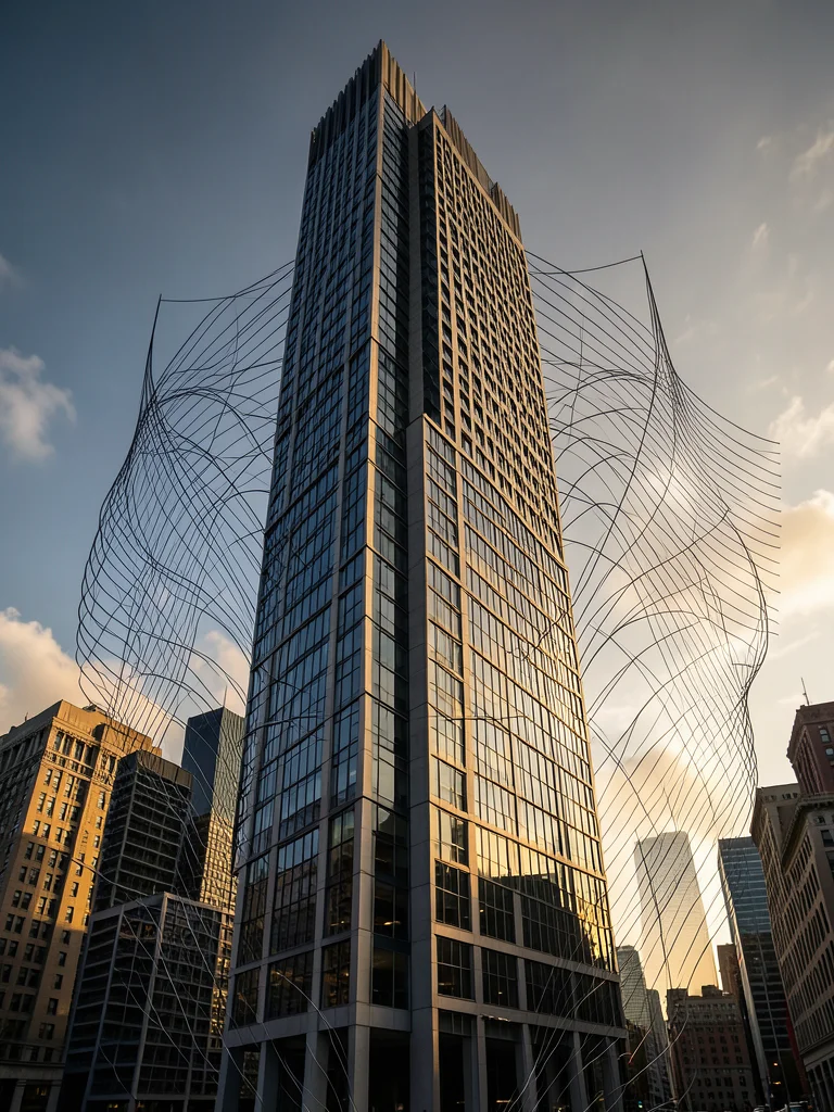Skyscraper photo with wind flow diagrams drawn around it, engineering visualizat