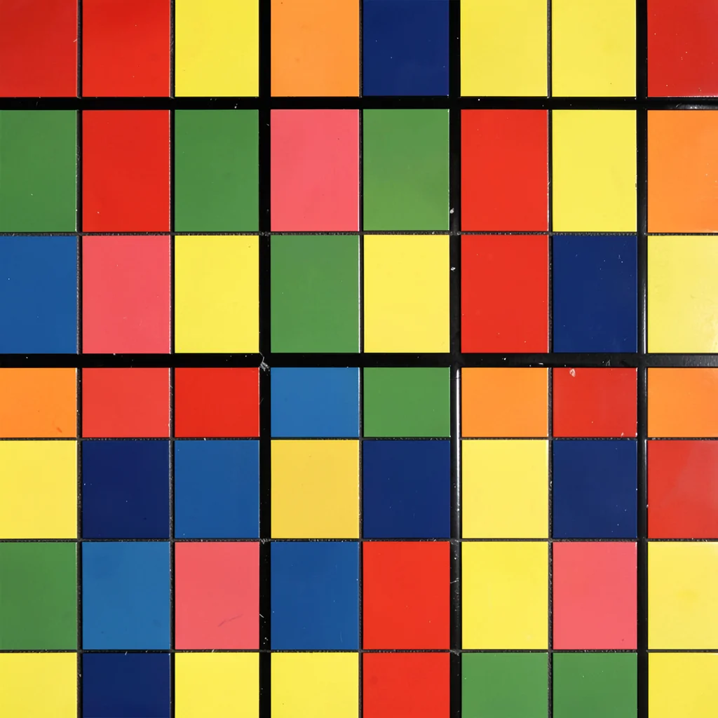Close-up of a Dutch tile floor — repeated primary color square grid