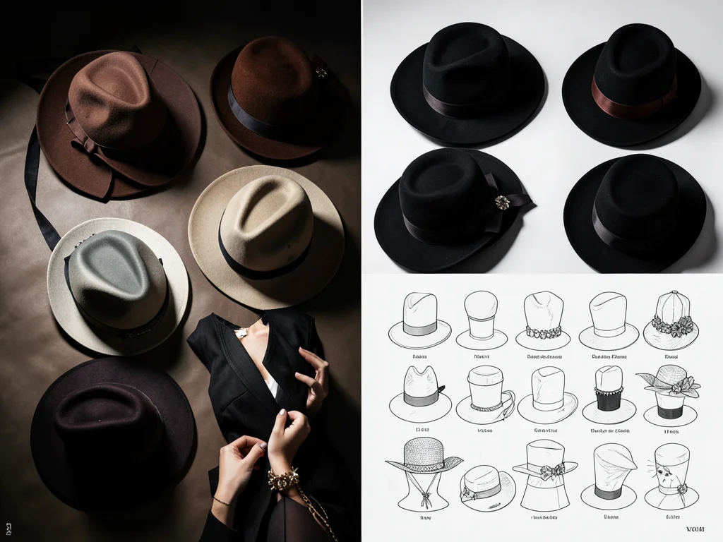 Hat collection flat lay, alternating between photograph and milliner's pattern d