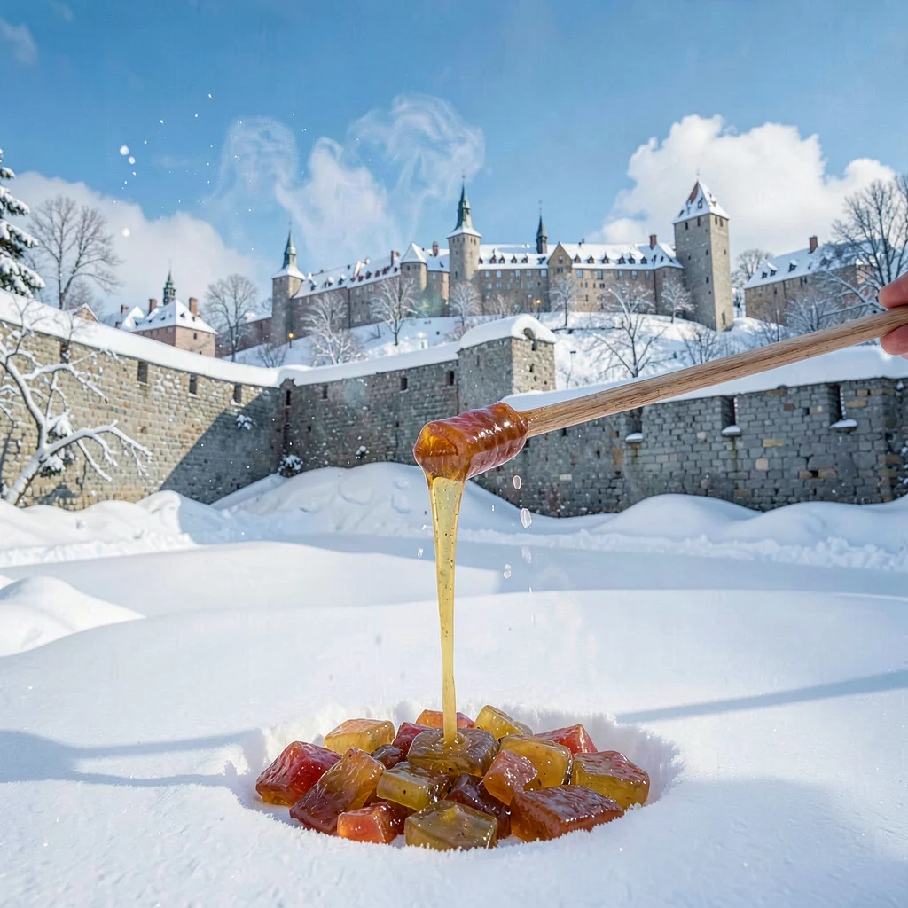 Quebec winter heritage, walled city under snow, Fresh maple taffy being poured o