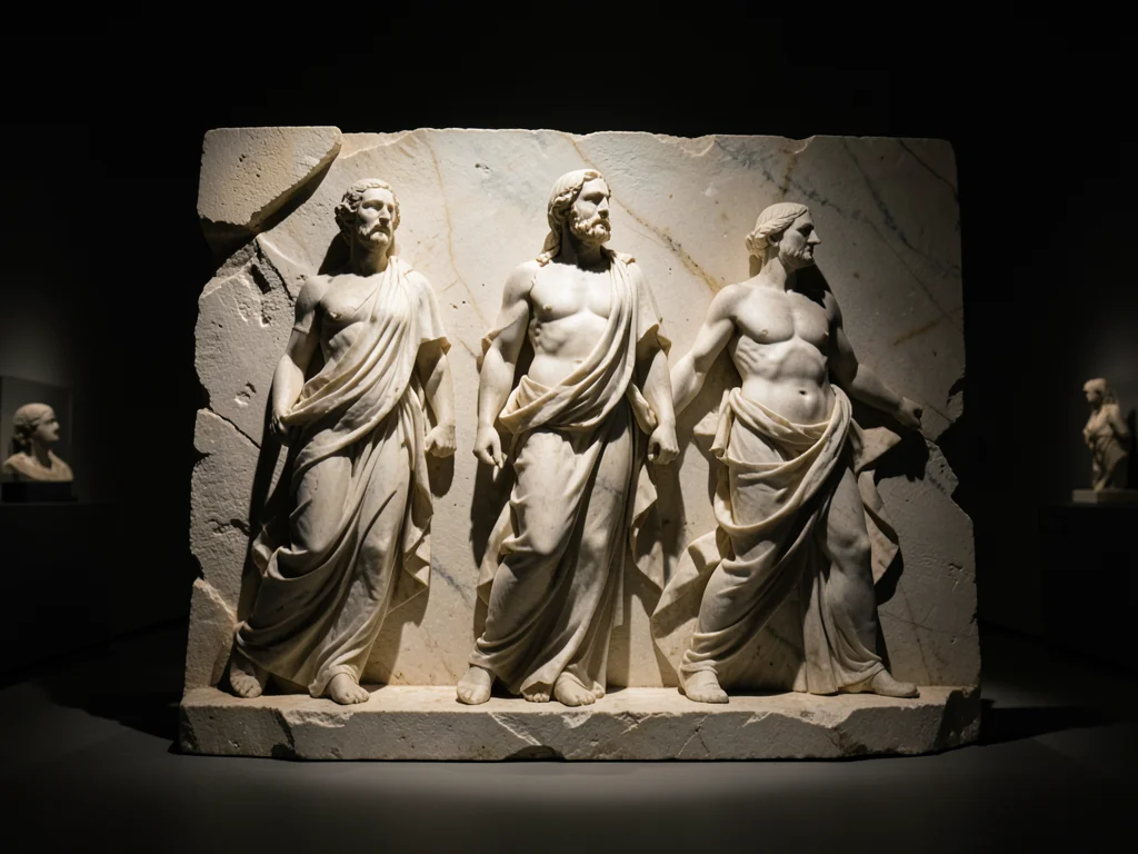 A fragmentary relief panel: three figures in procession, one missing its head, t