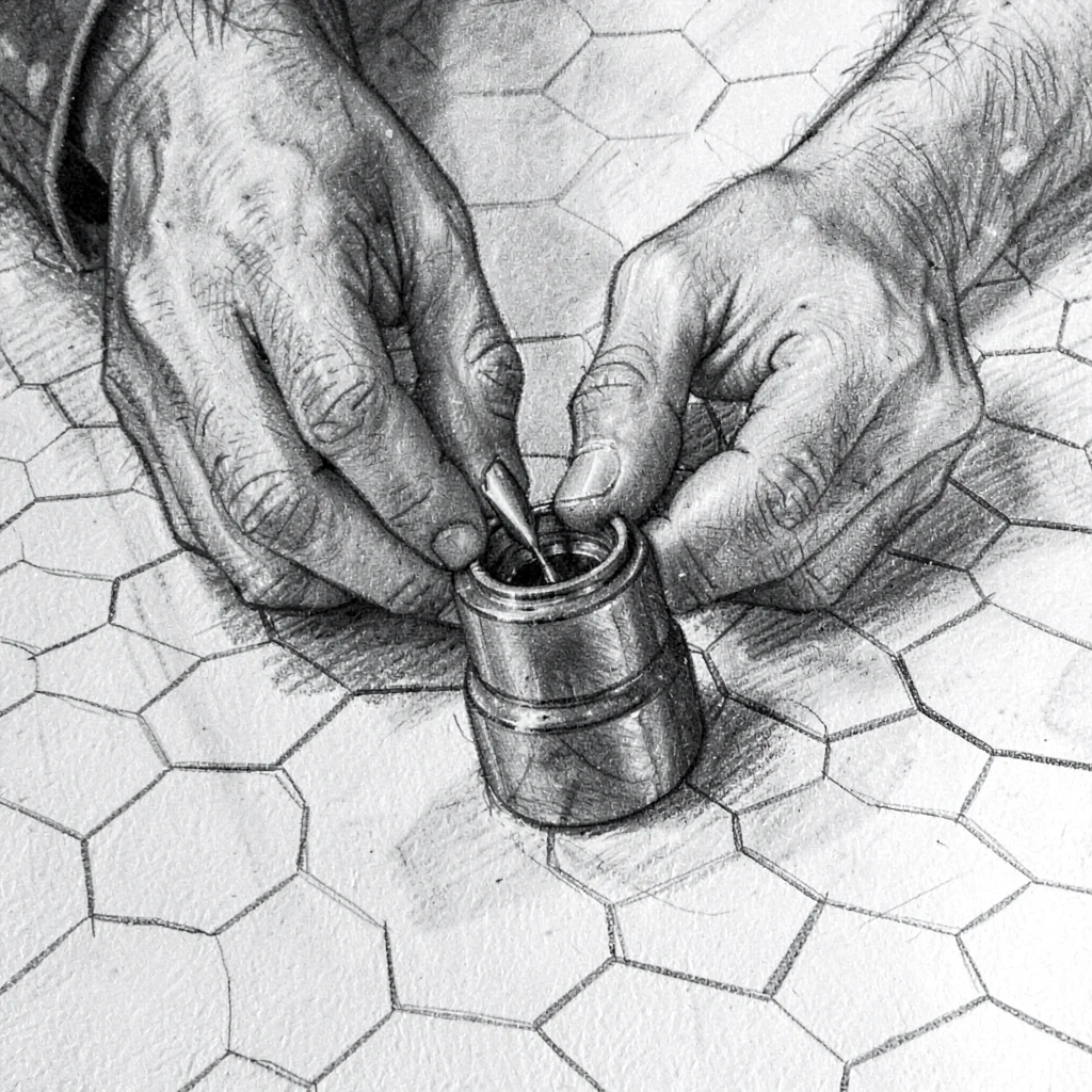 Charcoal portrait of hands sliding a miniature into position on a hex grid