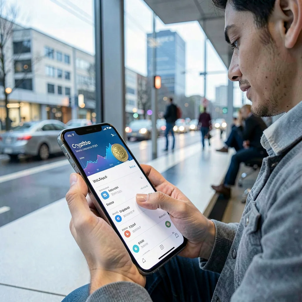 Editorial photograph, Cryptocurrency trading on phone app, person checking portf