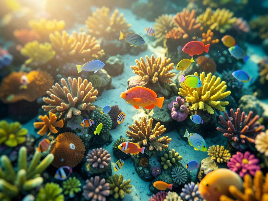 Coral reef from above through clear water, tilt-shift, toy-like marine life
