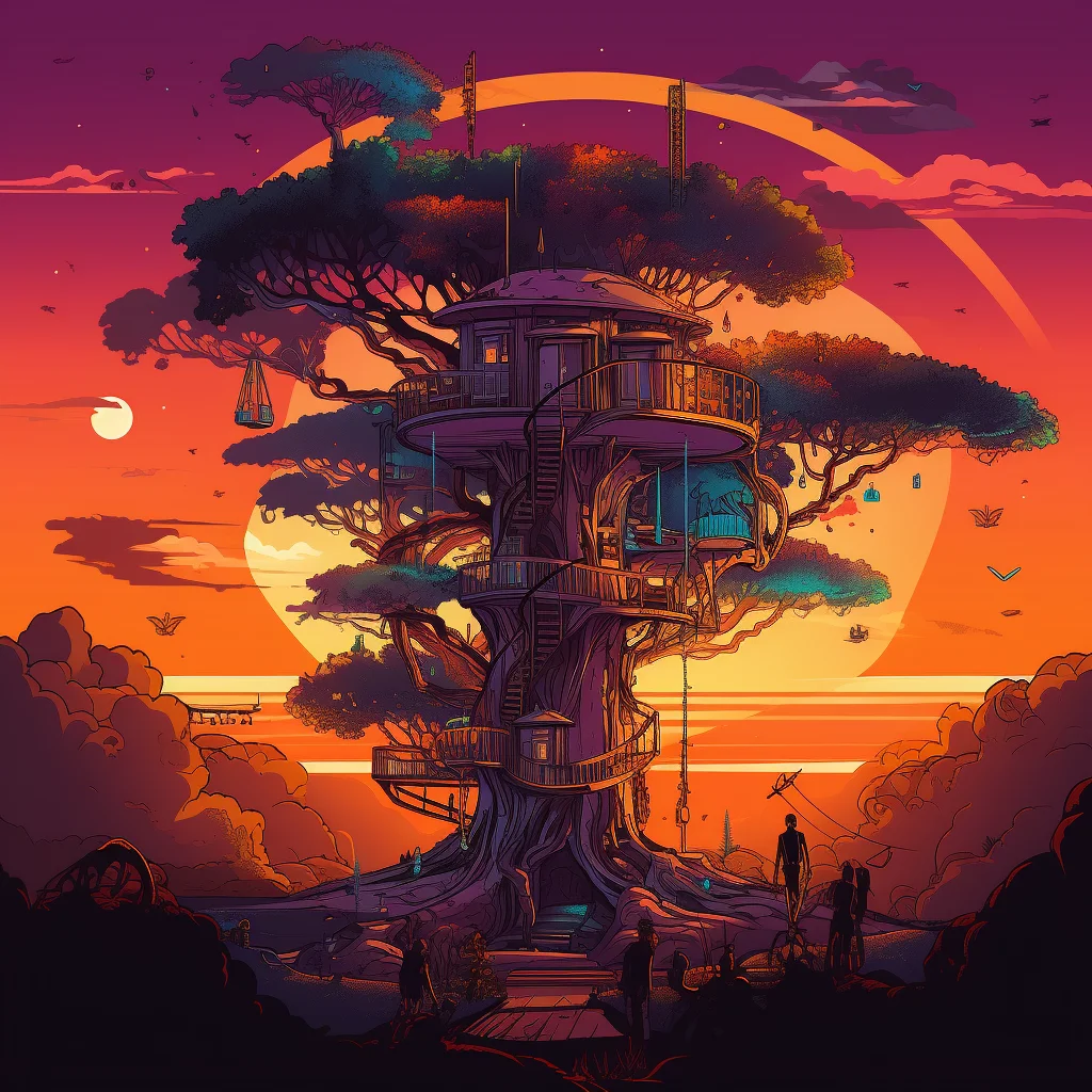Multi-level treehouse comic-style rocket launches at