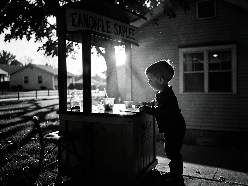 Lemonade stand in dramatic lighting, child entrepreneur silhouette, innocent cap