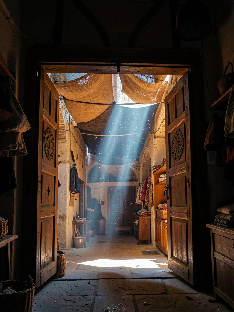Doorway to courtyard casting blue-white light into amber interior of covered mar
