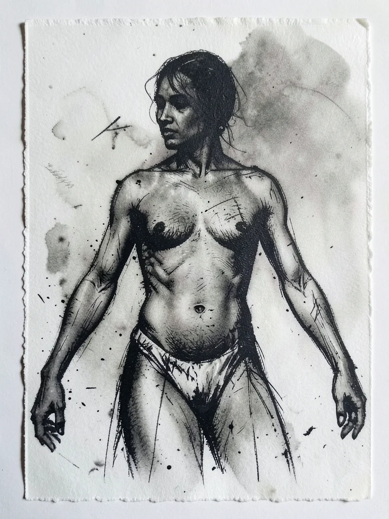 Gestural figure monoprint, wiped torso and scratched limbs in single fast sessio