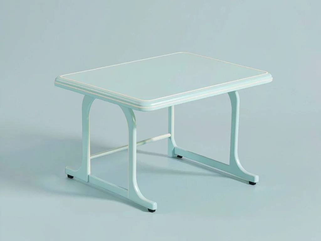 Pale cyan blueprint with ivory linework of a stylized exam table single-object r
