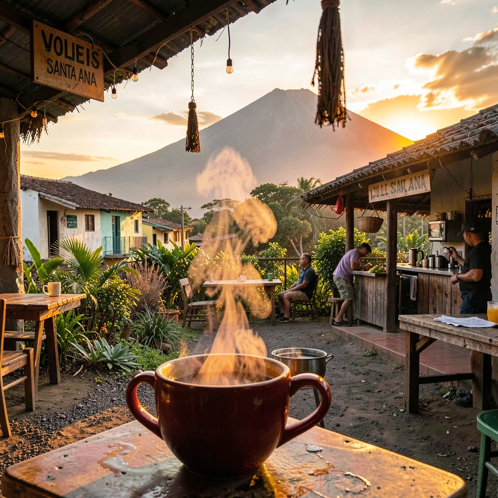 Pupusería golden hour in El Salvador, Volcano Santa Ana at sunrise seen from a c