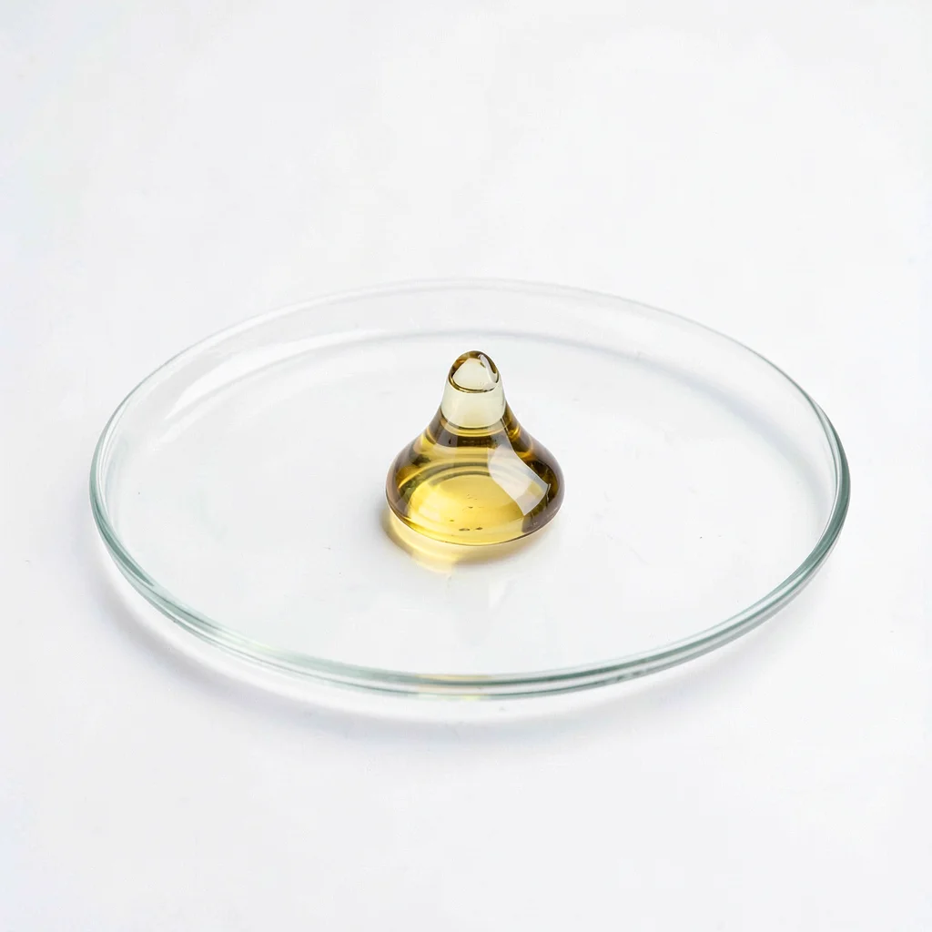 Clean studio macro of a single drop of golden oil suspended on a glass plate