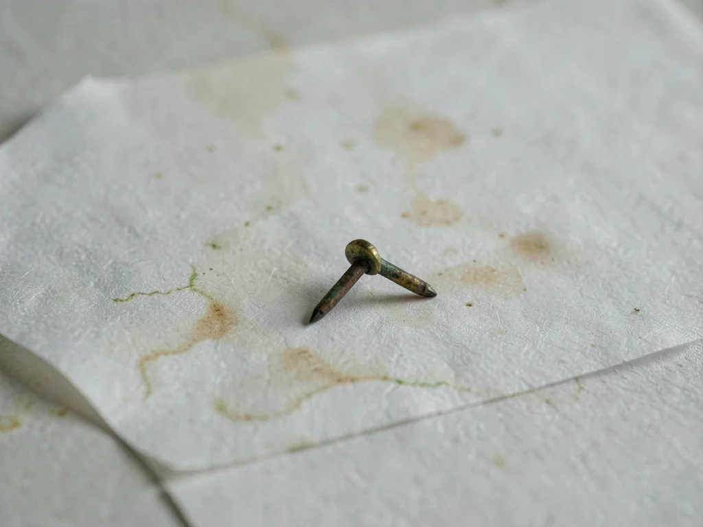 A solitary brass nail dulled by patina resting on white-grey paper, surface agei