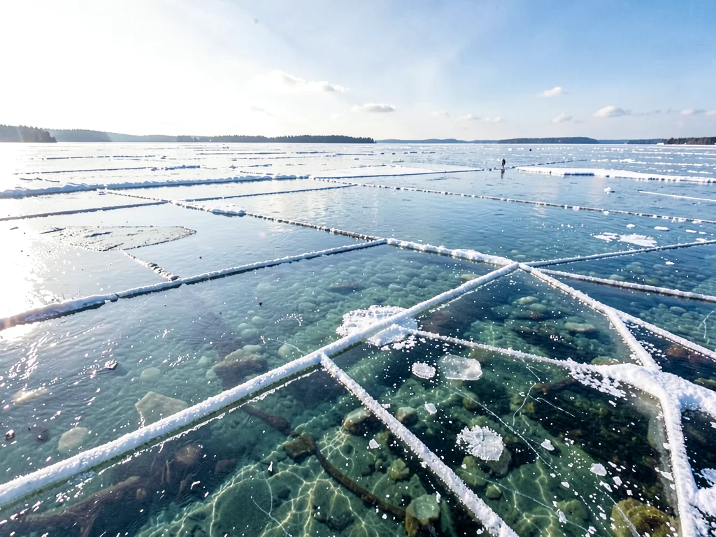 Final ice islands floating in clear water