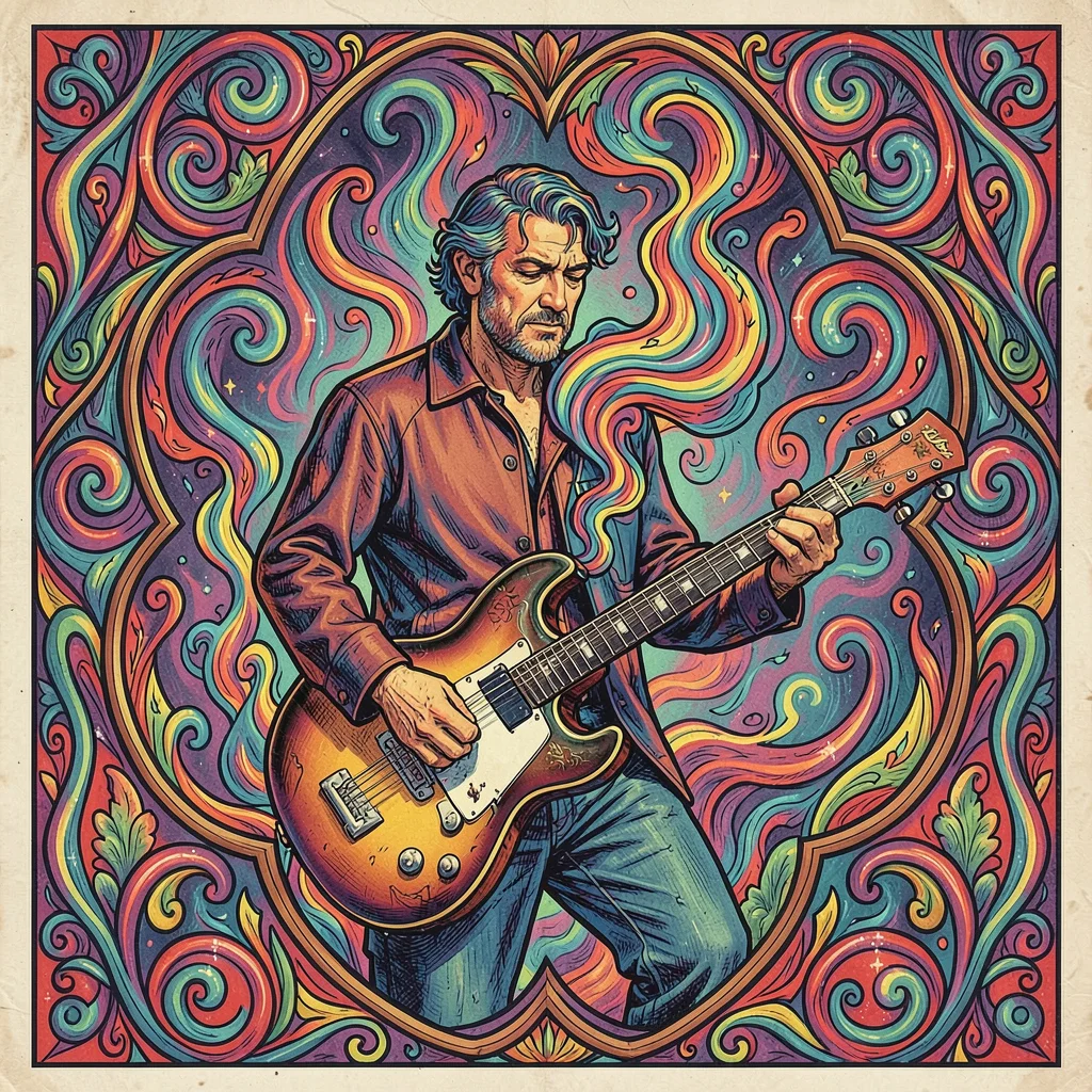 Psychedelic poster illustration, a guitarist with instrument morphing into smoke