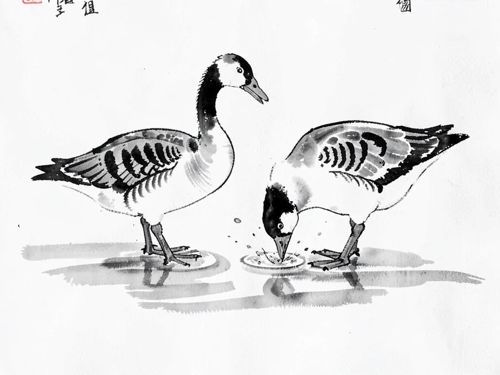 Two geese landing on water, feet first, minimal splash indicated