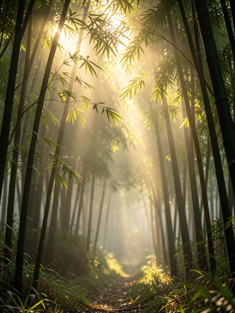 Misty bamboo grove with shafts of light cutting through the canopy