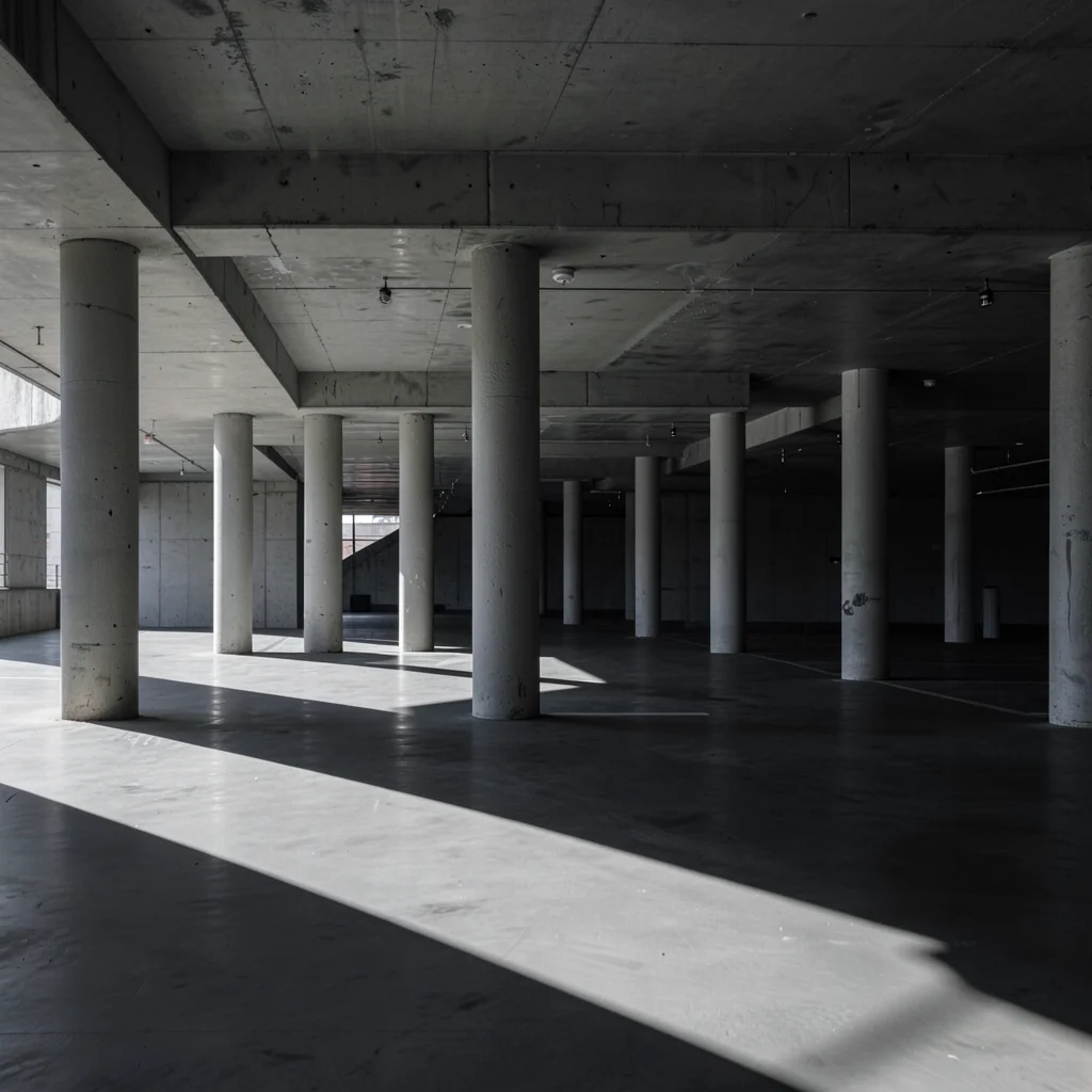 Parking garage column shadows creating rhythm across the floor