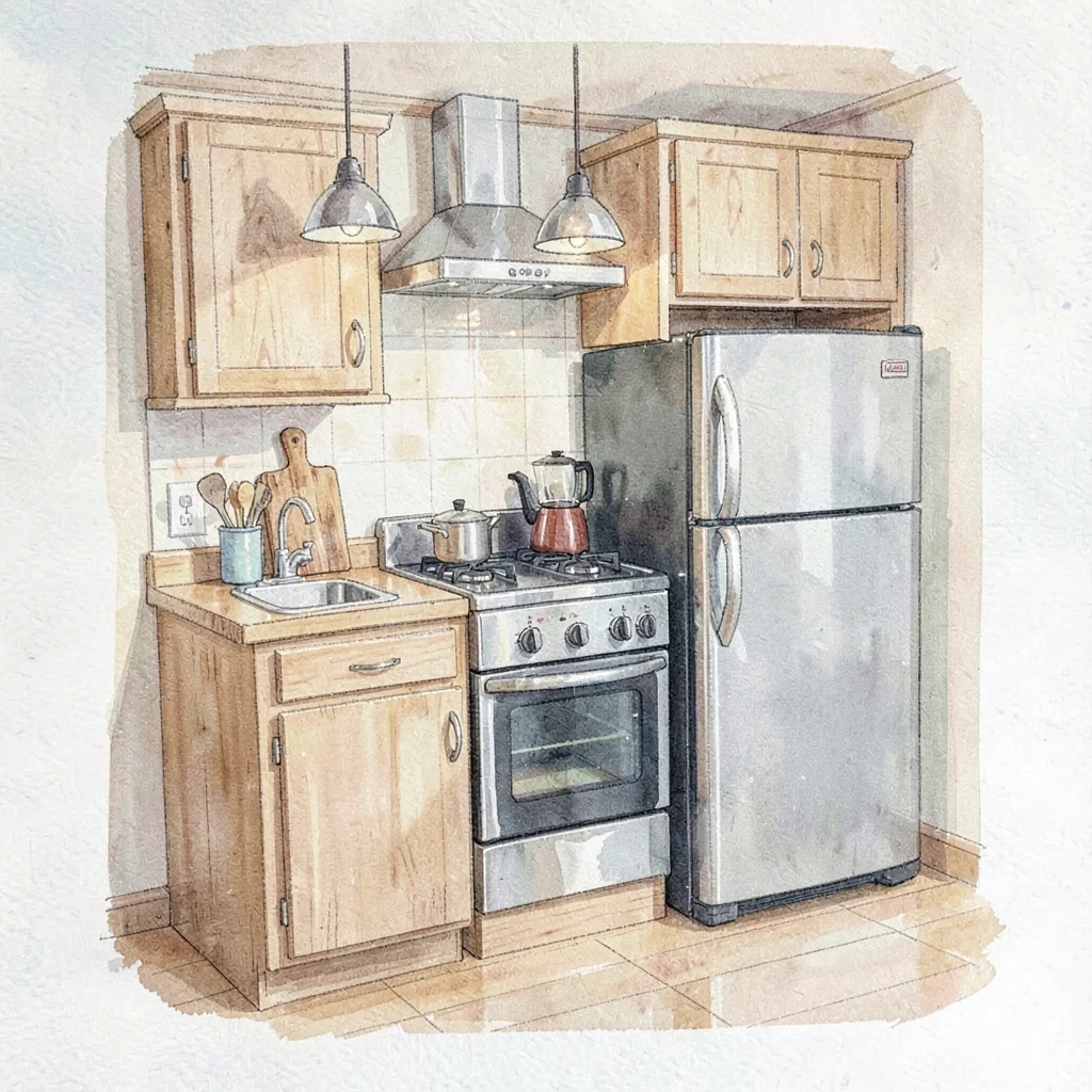 tiny house kitchen with apartment fridge, two-burner stove, butcher block, penda