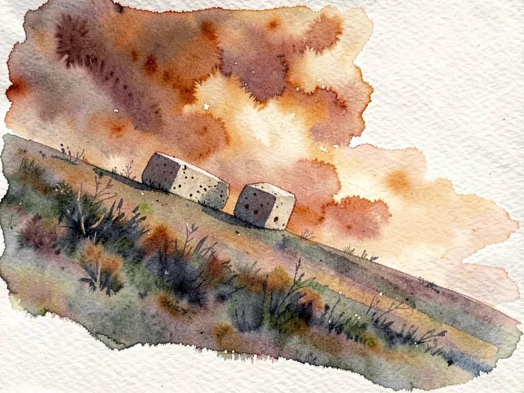 Ash-covered slope sweeps under an ember sky with a single pumice block resting h